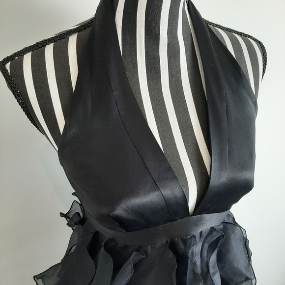Black halter-neck dress with fringed skirt by TRUESE, size 6 - Picture 3 of 6